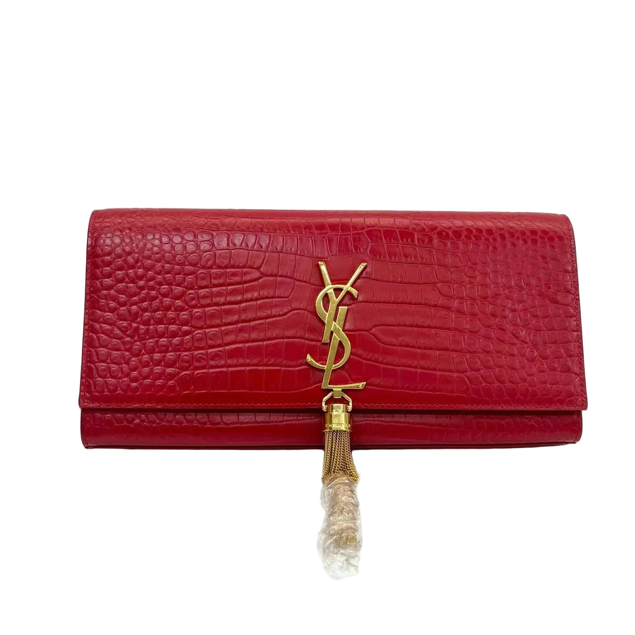 Pre-Owned Saint Laurent (YSL) Kate Tassel Bag in a red crocodile-embossed finish N23017671