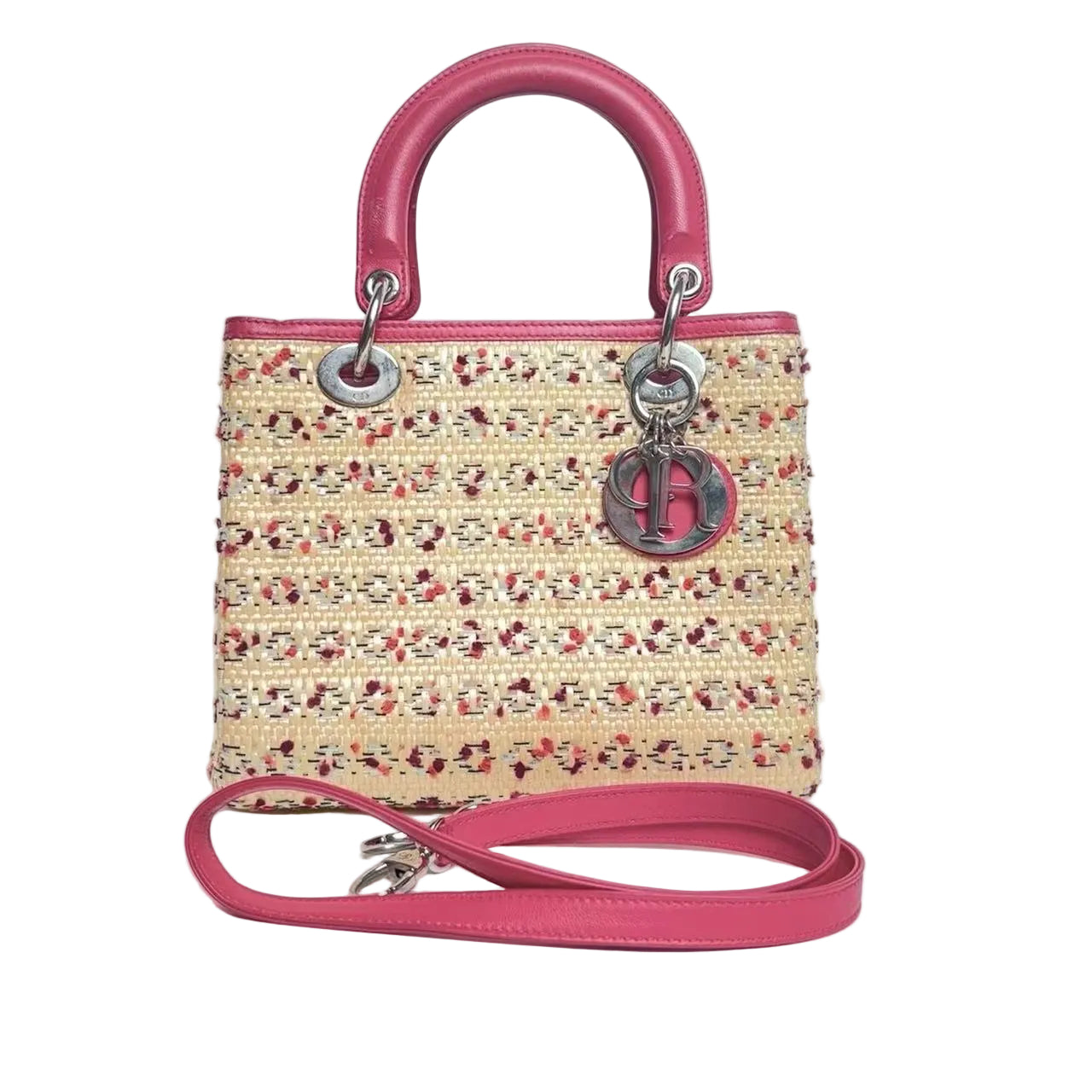 Pre-Owned Medium Lady Dior crafted from woven raffia with fuchsia leather trim N22988071