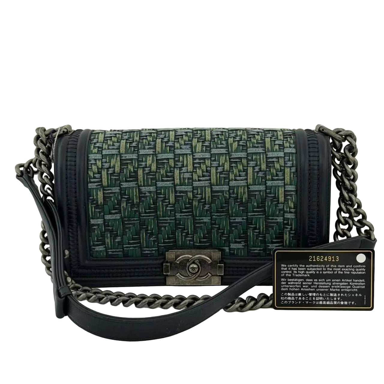 Pre-Owned Chanel Navy and Green Woven Calfskin Medium Boy Bag WWL2999