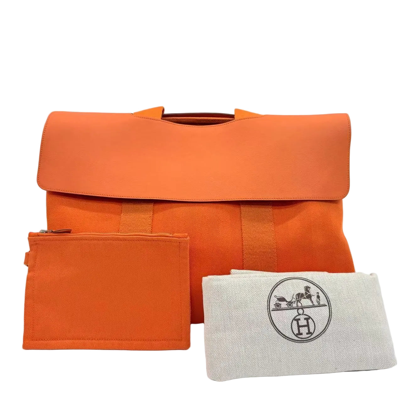 Orange fabric bag and pouch with a white pouch featuring a logo on a light gray background