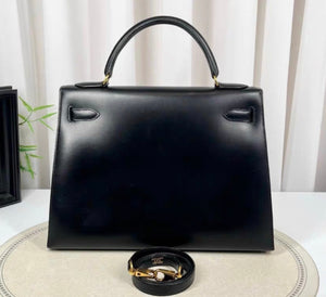 Hermès Kelly 32, Circle X Stamp, Black Box Leather with Gold Hardware (N23430159)