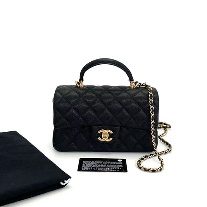 Pre-Owned CHANEL Black Grained Calfskin ("Big Mini") Chain Bag with Top Handle SZ3062607214353