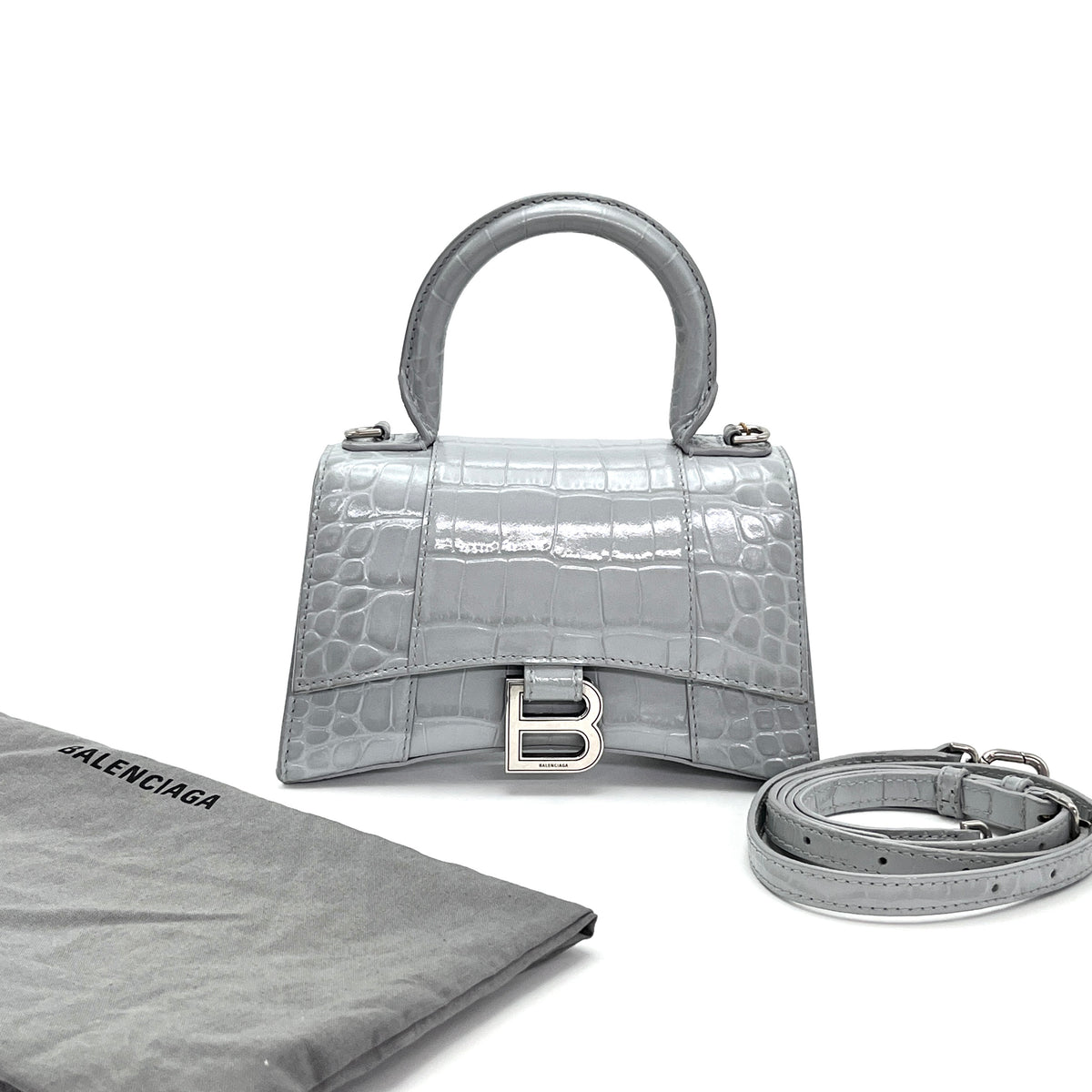 Pre-Owned Balenciaga Hourglass XS Bag Silver Hardware Crocodile Embossed