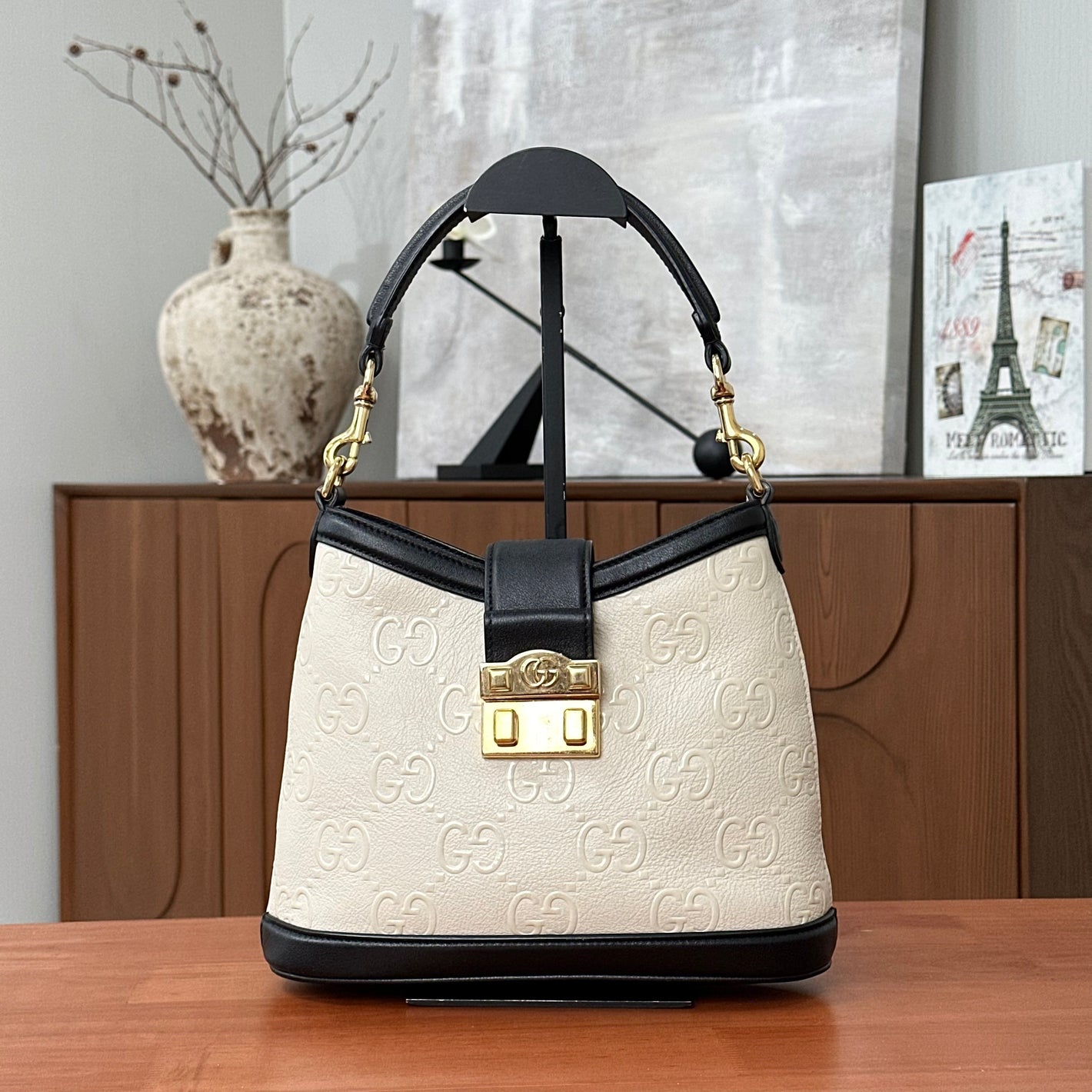 Pre-Owned Gucci GG Logo Embossed Bag Black & White with Gold Hardware