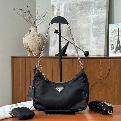 Pre-Owned Prada Re-Nylon Shoulder Bag Black with Silver Hardware