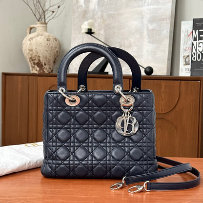 Pre-Owned Dior Lady Dior Bag Deep Blue Lambskin with Silver Hardware
