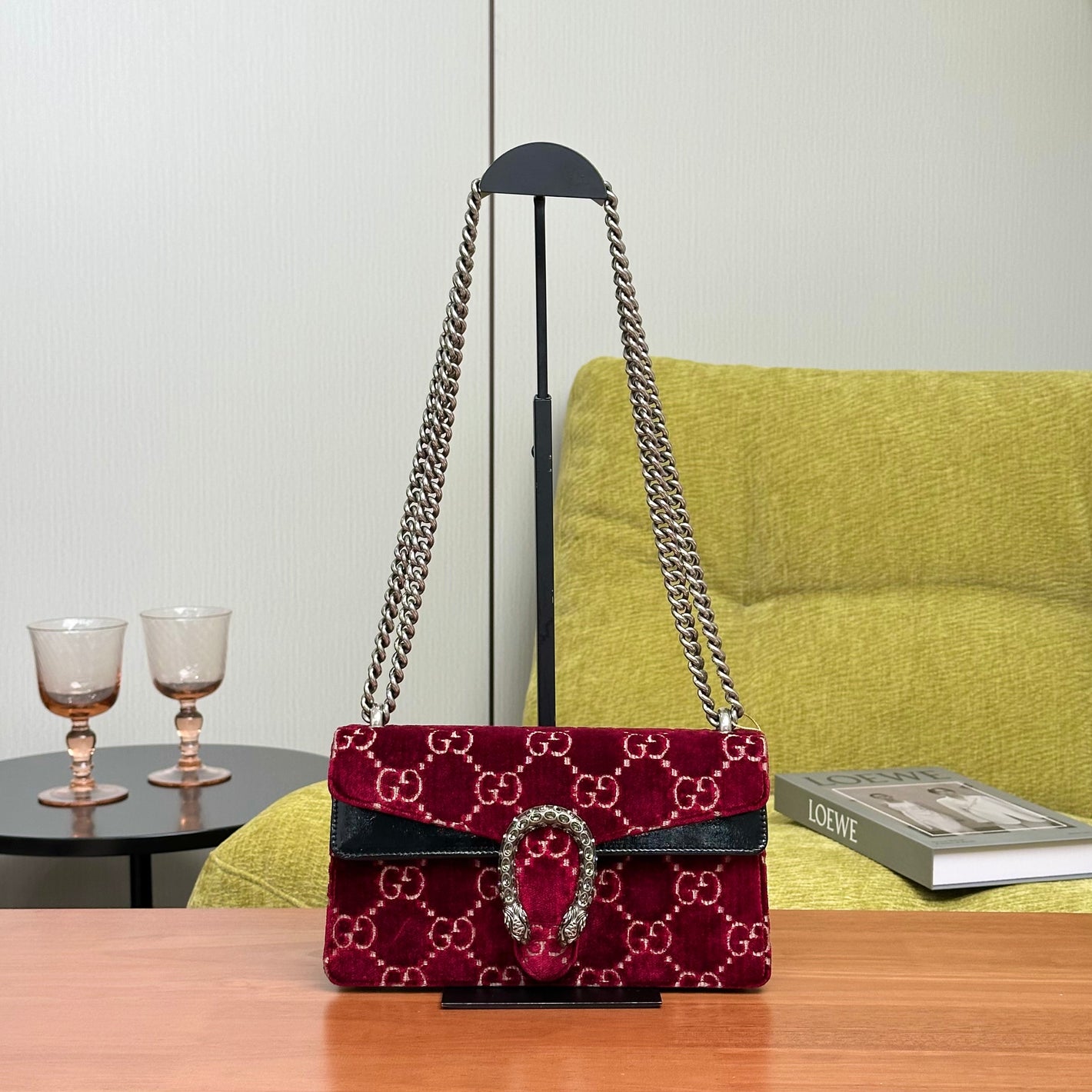 Pre-Owned Gucci Dionysus GG Velvet Bag Burgundy with Silver Hardware