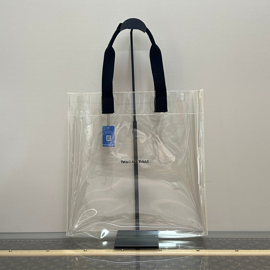 Pre-Owned SAINT LAURENT Clear PVC Tote Bag | Black Fabric Handles | Shopping Bag