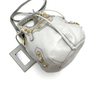 Pre-Owned BALENCIAGA Pompon Bucket Bag Grey Distressed Leather | Gold Studs | Crossbody