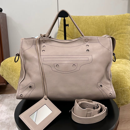 Pre-Owned Balenciaga Grey Perforated Motocross Classic Town Bag