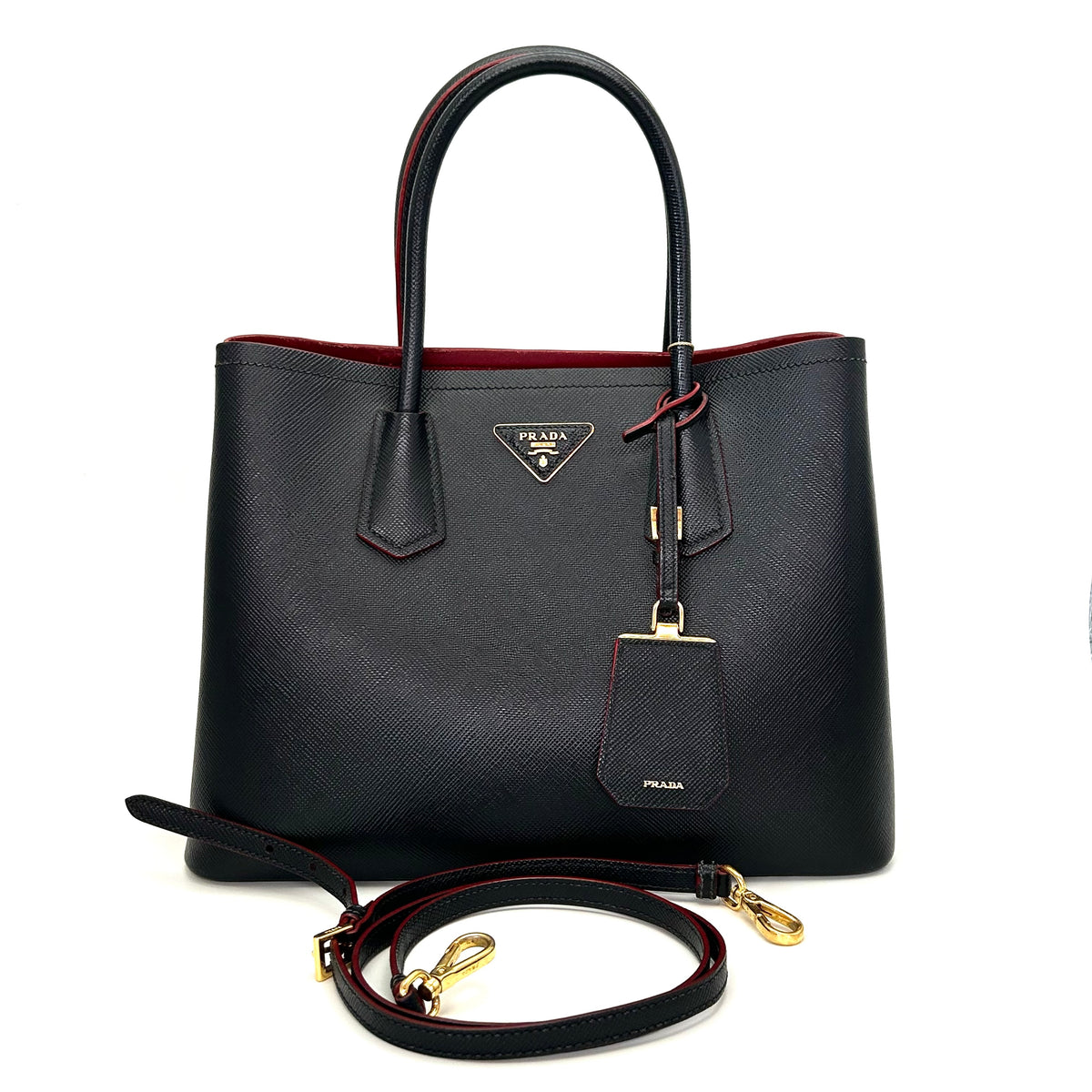 Pre-Owned Prada Double Bag Black Saffiano with Gold Hardware