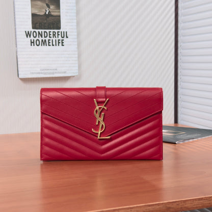 ✨Pre-Owned SAINT LAURENT YSL Monogram Chevron Envelope Clutch ❤️ | Red Leather | Gold Hardware 💫