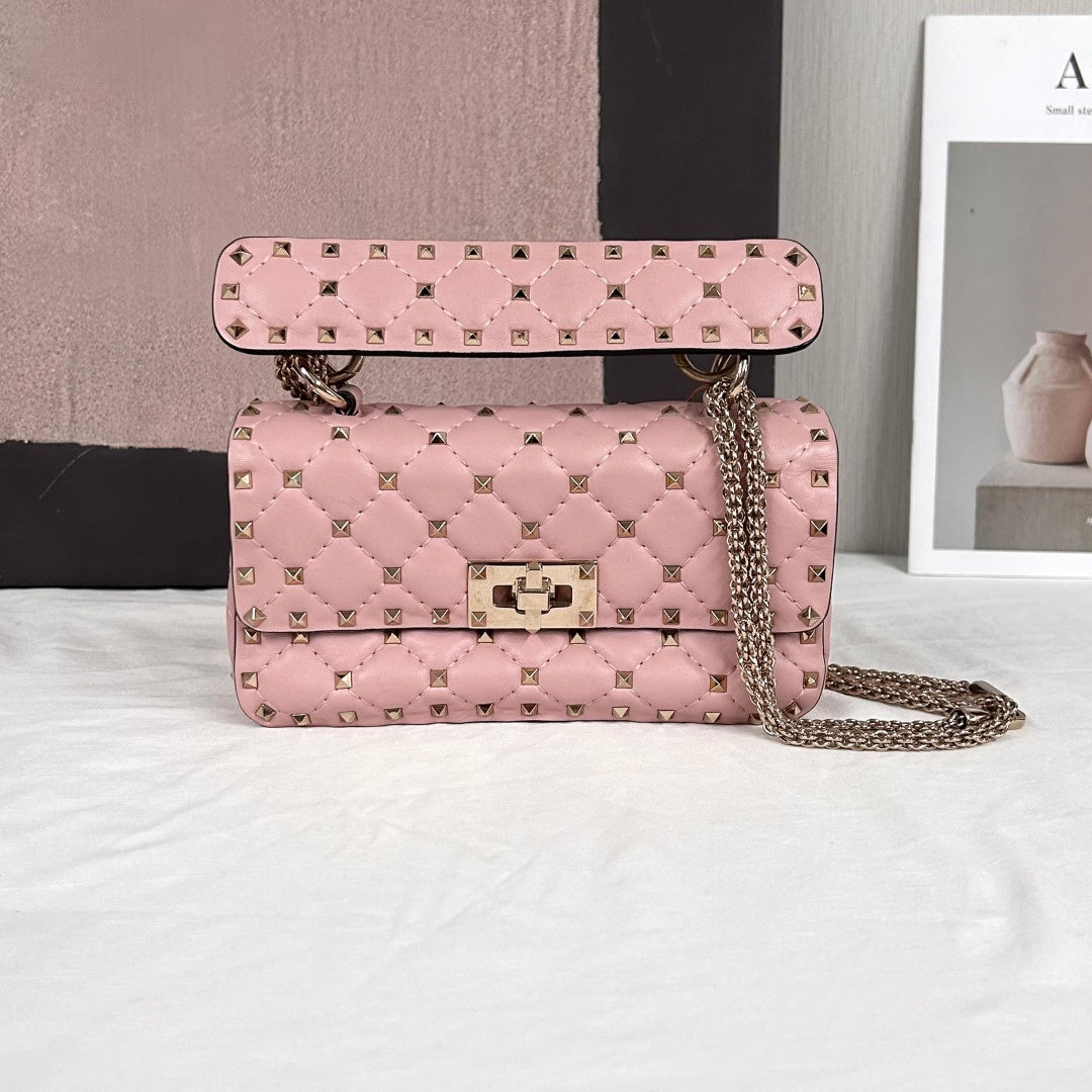 Pre-Owned VALENTINO Rockstud Spike Bag Pink Lambskin | Gold Studs | Chain Shoulder Bag