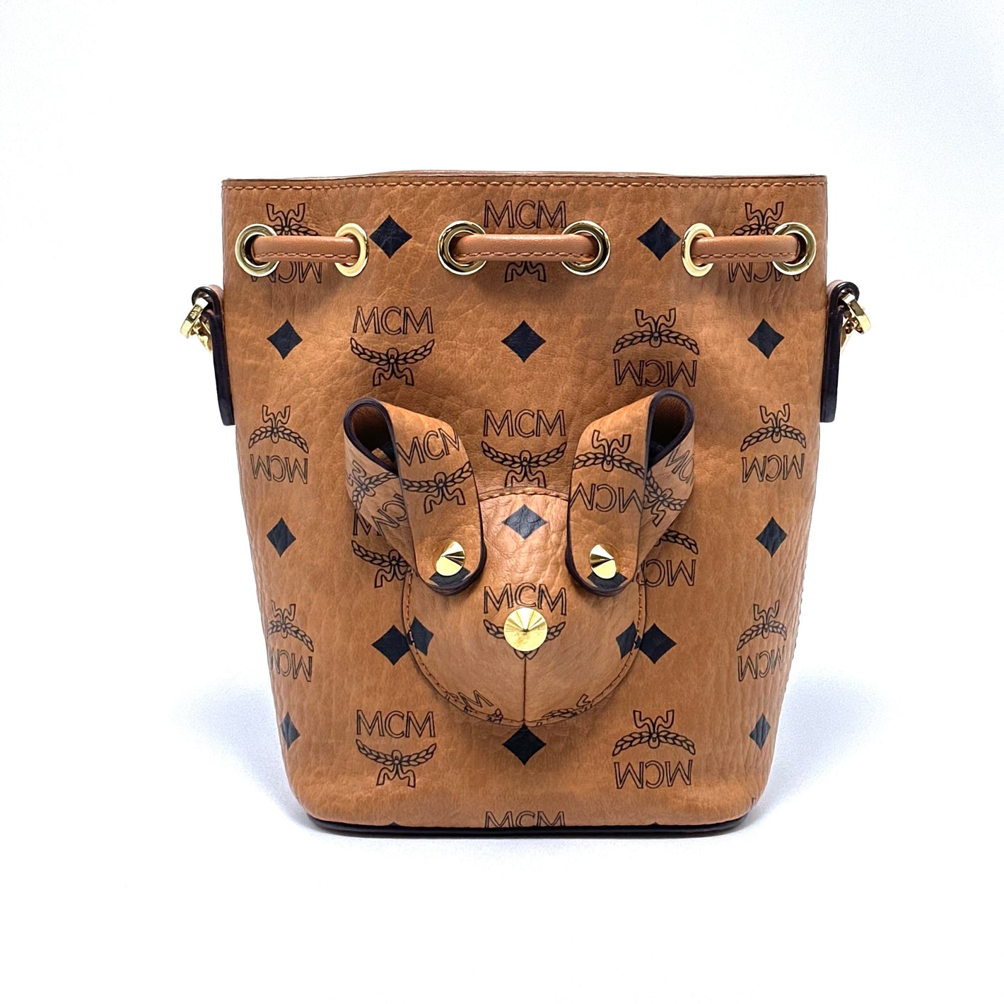 Pre-Owned MCM Rabbit Drawstring Bucket Bag Cognac with Gold Hardware