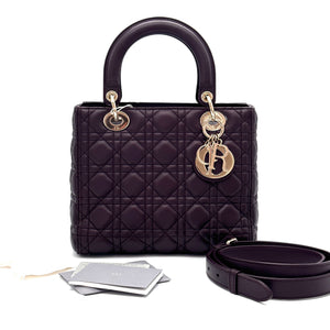 Pre-Owned Dior Lady Dior Bag Burgundy Lambskin with Gold Hardware
