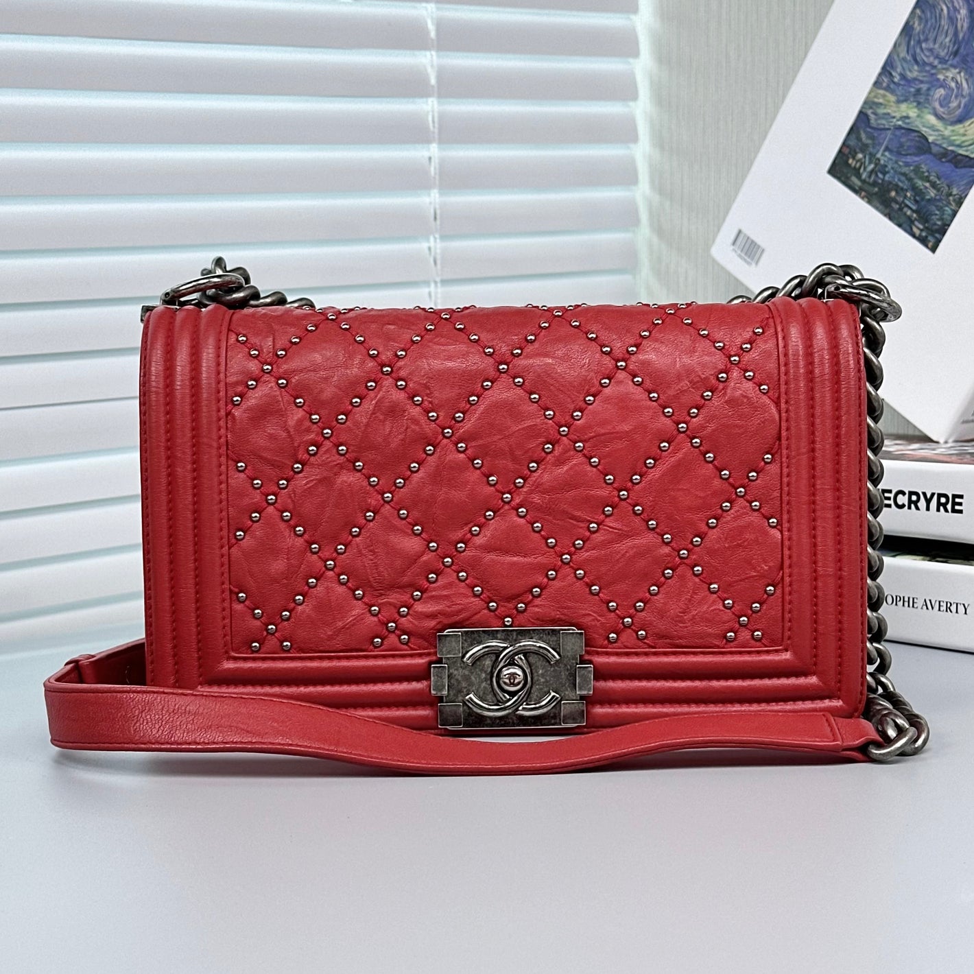 Pre-Owned Chanel Le Boy Medium Bag Red with Silver Hardware and Studs