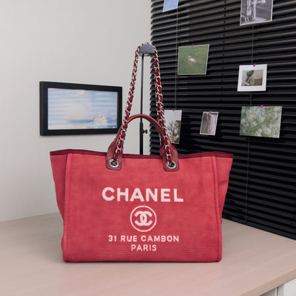 Pre-Owned Chanel Canvas Tote Bag Red with Silver Hardware