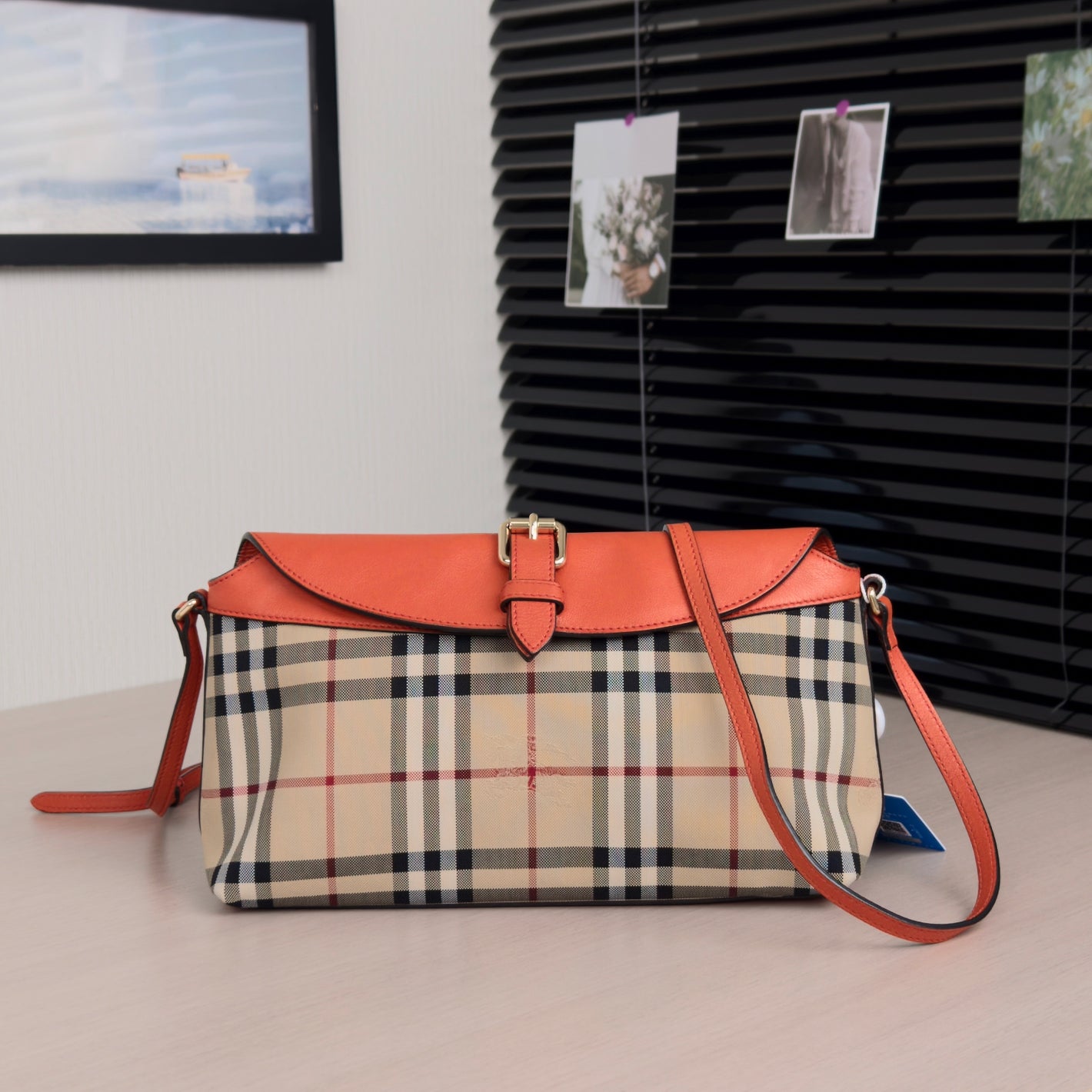 Pre-Owned Burberry Vintage Check Shoulder Bag with Orange Leather