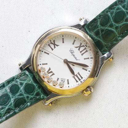 ✨Pre-Owned CHOPARD Happy Sport 36mm Quartz Watch 💎 | 18k Rose Gold & Steel | Floating Diamonds | Green Strap | 278582-6001 💫