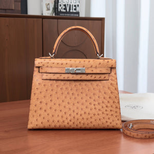 Pre-Owned HERMÈS Kelly 28 Gold Ostrich Leather | Palladium Hardware | K Stamp