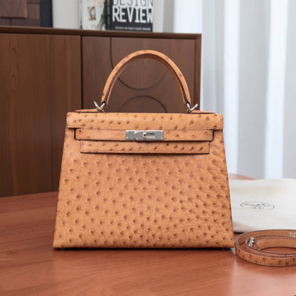 Pre-Owned HERMÈS Kelly 28 Gold Ostrich Leather | Palladium Hardware | K Stamp