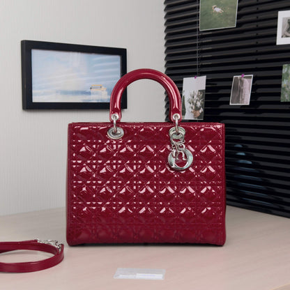 Pre-Owned Dior Lady Dior Bag Red Patent with Silver Hardware