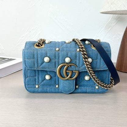 Pre-Owned Gucci GG Marmont 22 Bag Blue Denim with Gold Hardware and Pearls