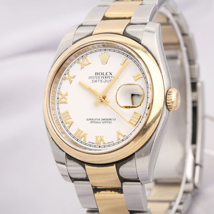✨Pre-Owned ROLEX Datejust 36mm Two-Tone White Roman Dial 🥂 | 18K Gold & Steel | 2015 Complete Set | Ref. 116203 💫
