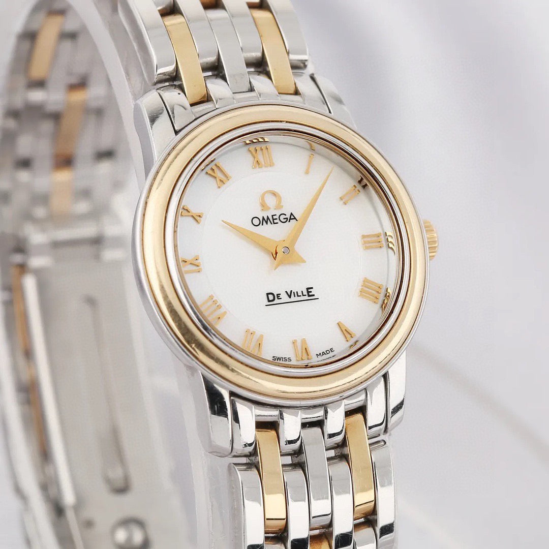 ✨Pre-Owned OMEGA De Ville Ladies Quartz 22mm Watch 🤍 | 18K Gold & Steel | MOP Dial | Grain of Rice Bracelet | 4370.71.00 💫